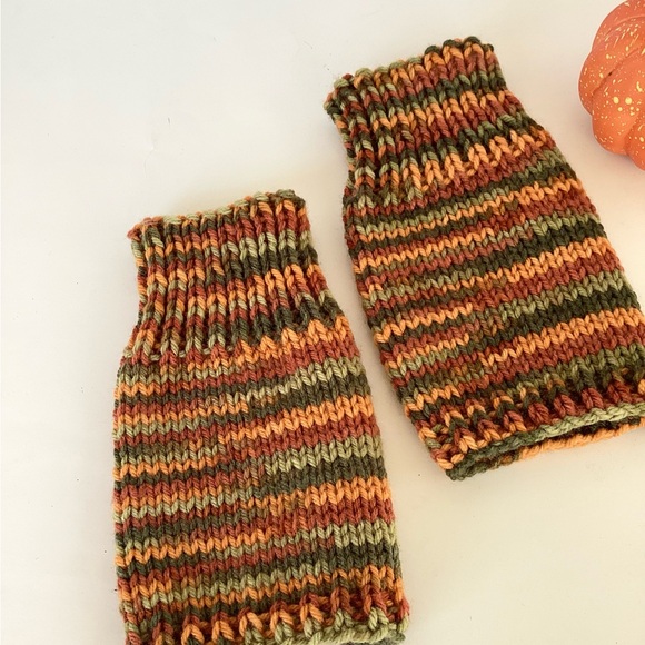 Gloves Fingerless Hand Crafted Colorful Striped Orange Greens Rust Ribbed - Picture 8 of 14